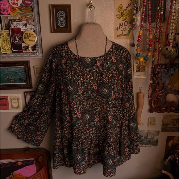 J. Crew Floral Bell Sleeve Blouse Women's Medium Blue Multicolor Abstract Peplum - Picture 1 of 6